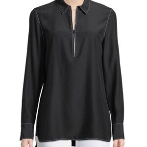 Lafayette 148 New York 100% Silk Black Zip Collar Blouse Top Size XL